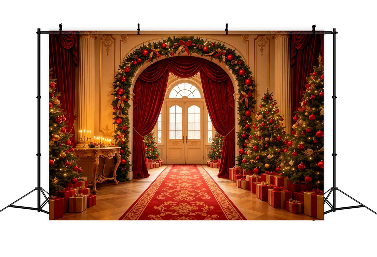 Christmas Living Room Backdrop Grand Red Curtain Archway Christmas Photography Backdrop UK GQ68-120