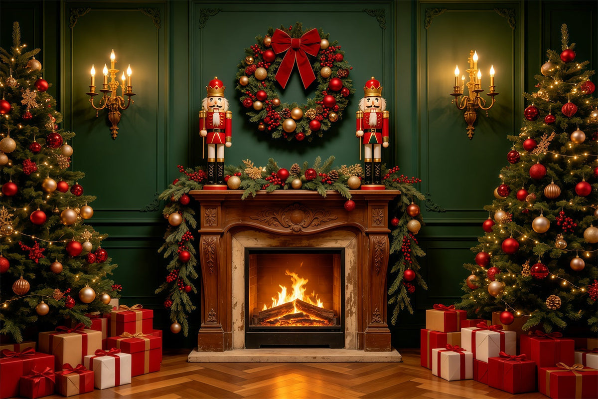 Christmas Fireplace Backdrops Green Retro Wall Nutcracker Christmas Photography Backdrops UK GQ68-122
