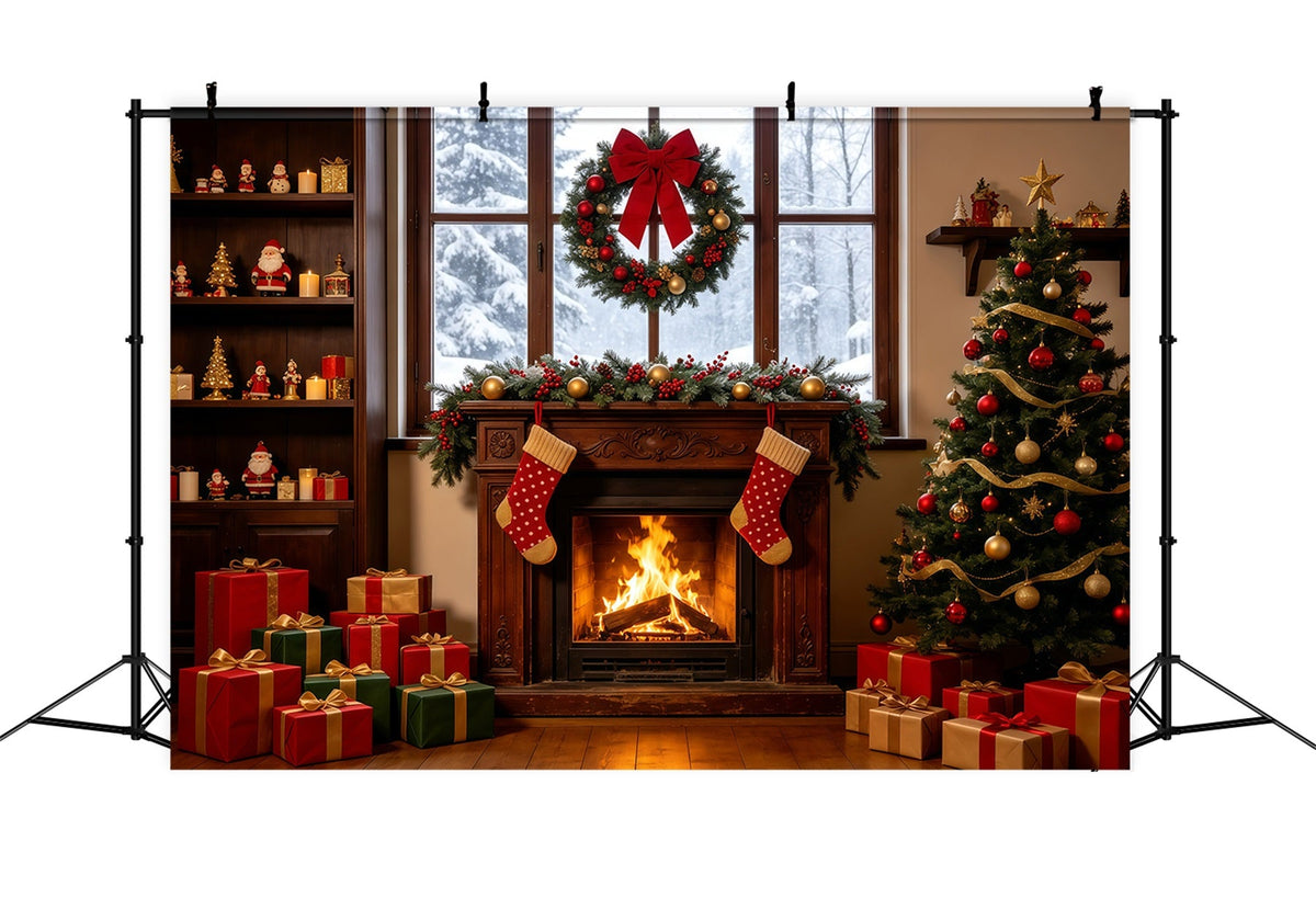 Christmas Window Backdrop Cozy Fireplace Stocking Tree Large Christmas Backdrops UK GQ68-124