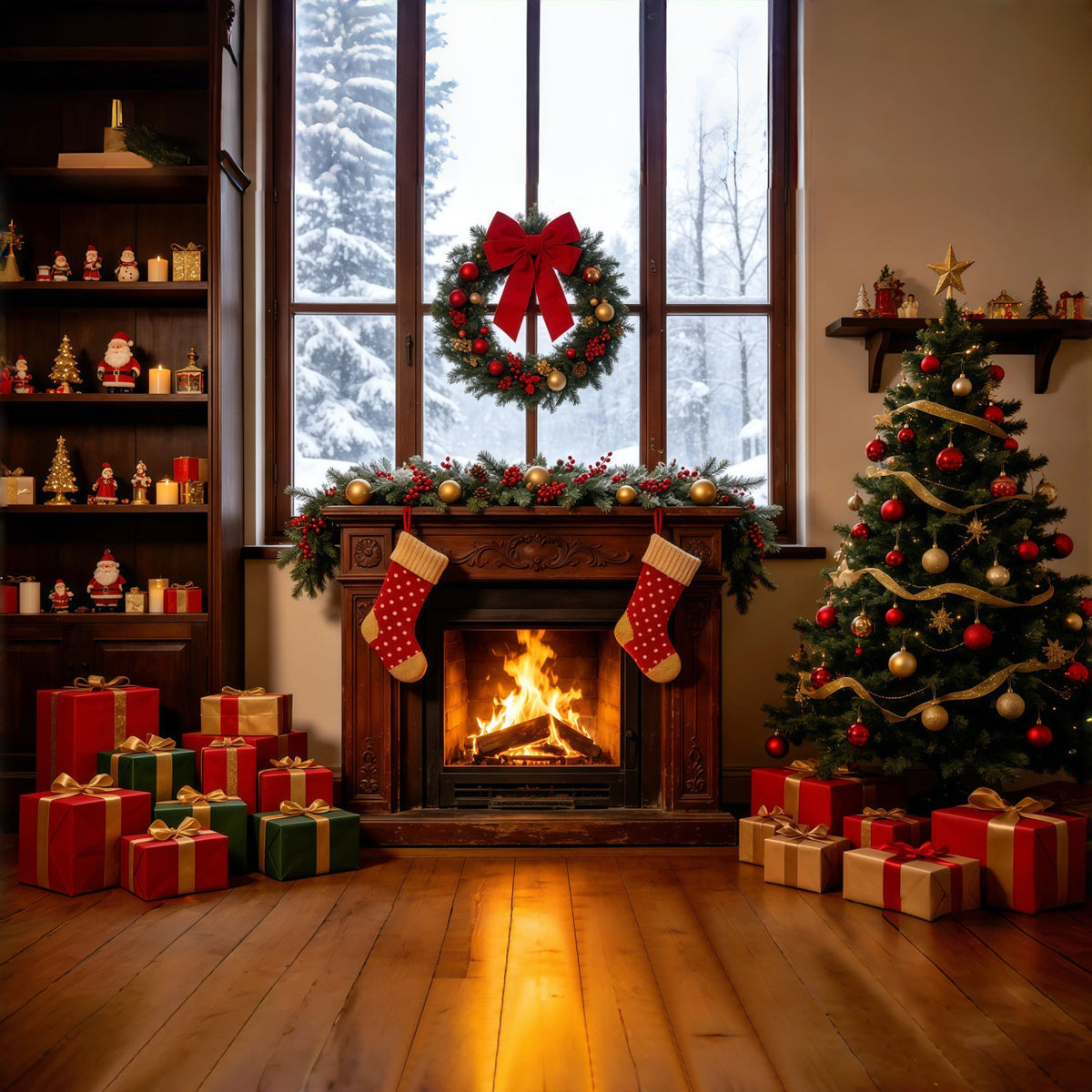 Christmas Window Backdrop Cozy Fireplace Stocking Tree Large Christmas Backdrops UK GQ68-124