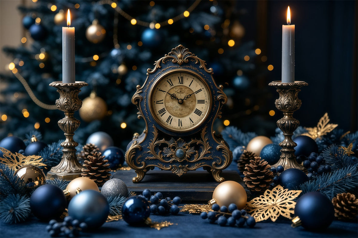 Vintage Christmas Backdrop Blue Clock Candle Display Christmas Backdrop Ideas UK GQ68-125