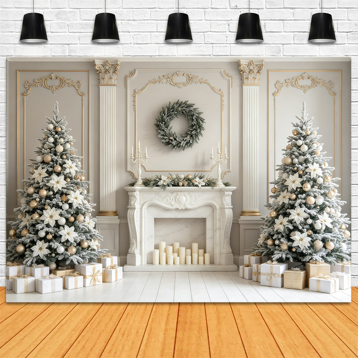 Christmas Fireplace Backdrop Elegant White Floral Mantel Photography Christmas Backdrop UK GQ68-129