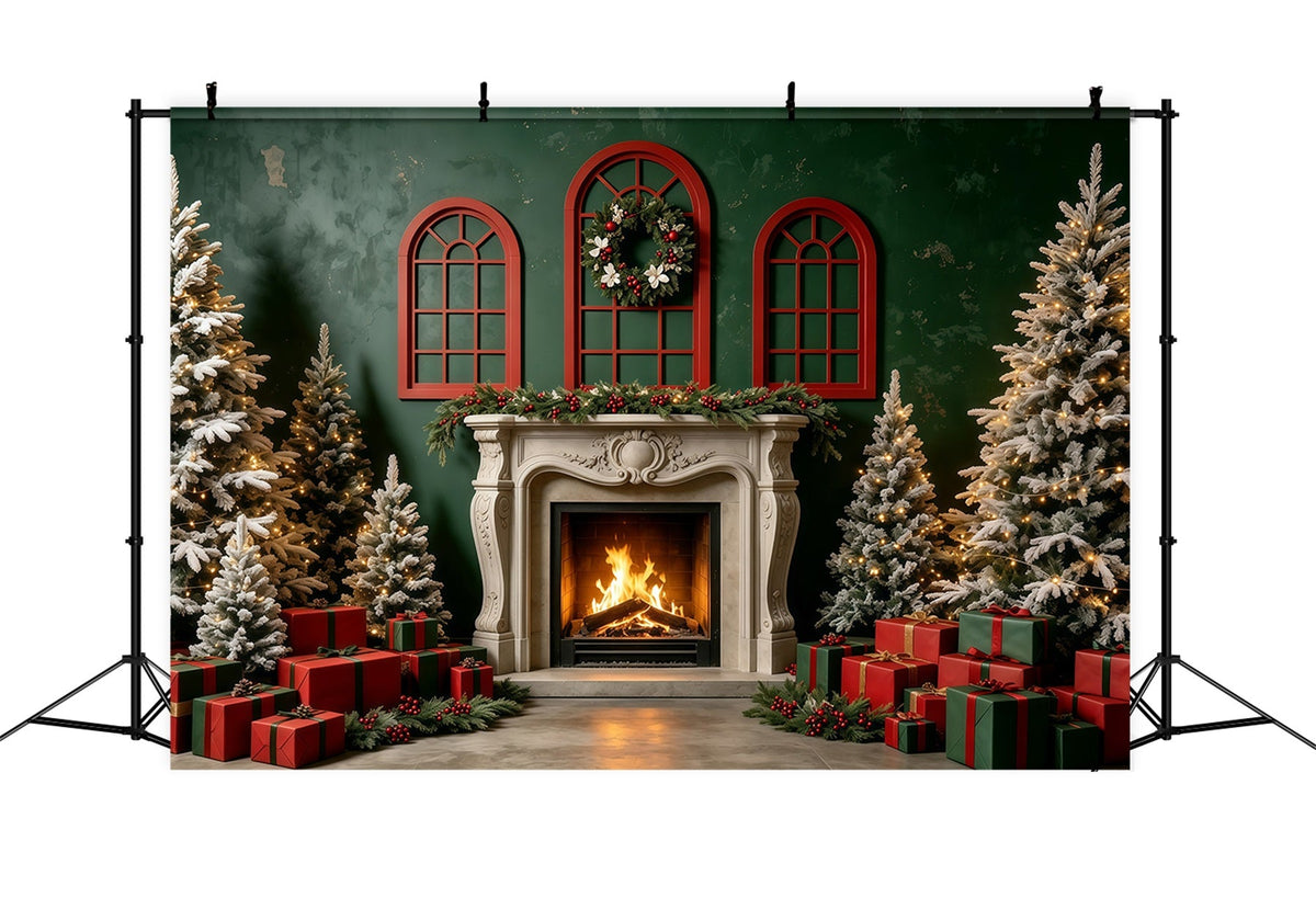 Christmas Scene Backdrop Green Wall Fireplace Gift Photo Backdrops Christmas UK GQ68-131