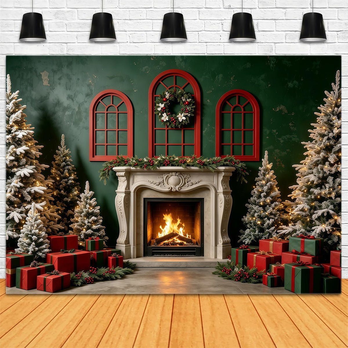 Christmas Scene Backdrop Green Wall Fireplace Gift Photo Backdrops Christmas UK GQ68-131