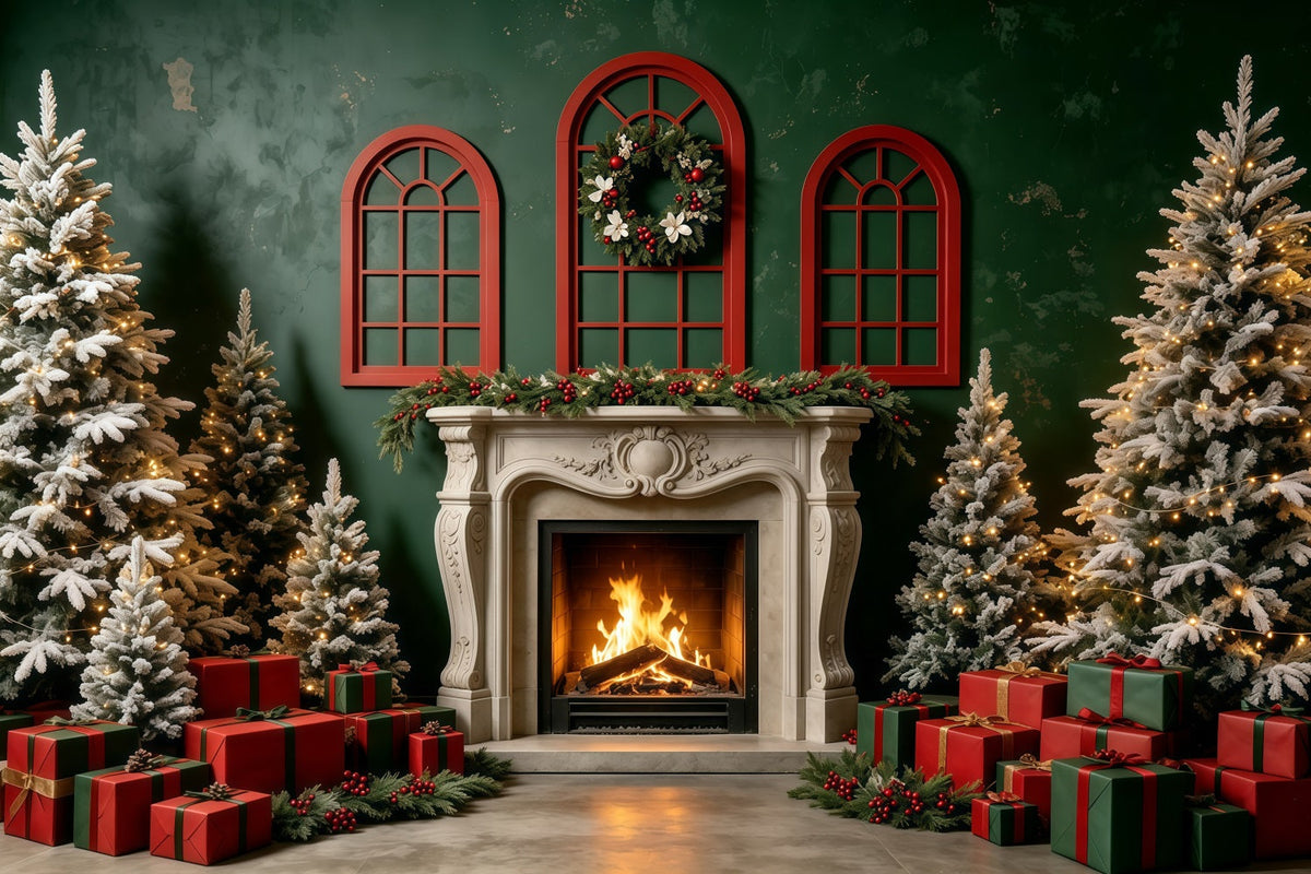 Christmas Scene Backdrop Green Wall Fireplace Gift Photo Backdrops Christmas UK GQ68-131