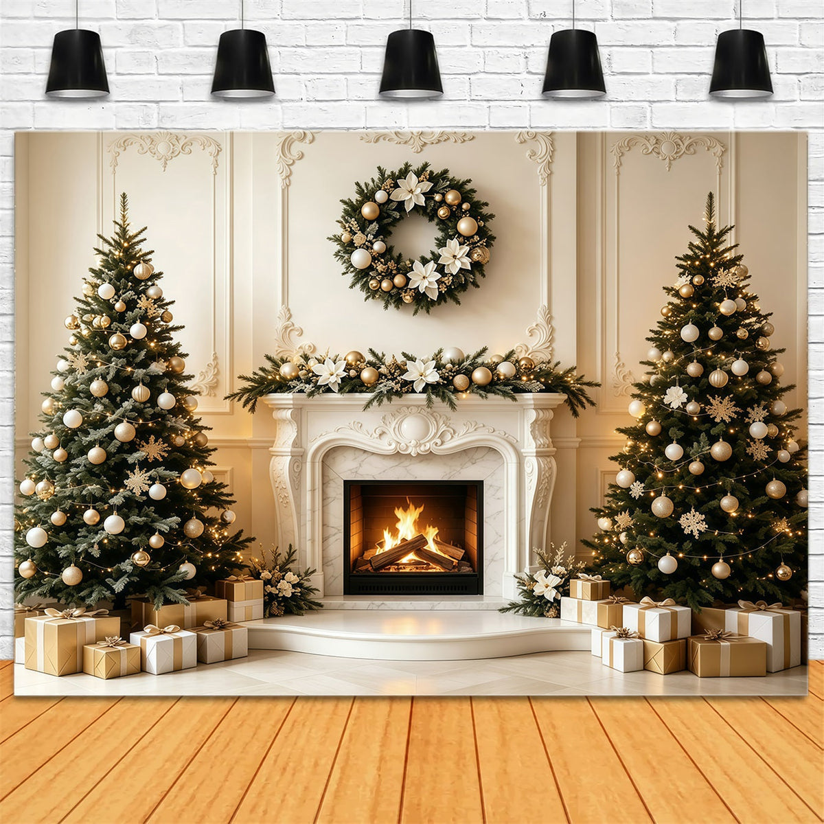 Christmas Living Room Backdrop Elegant Mantel Fireplace Photography Backdrop Christmas UK GQ68-134
