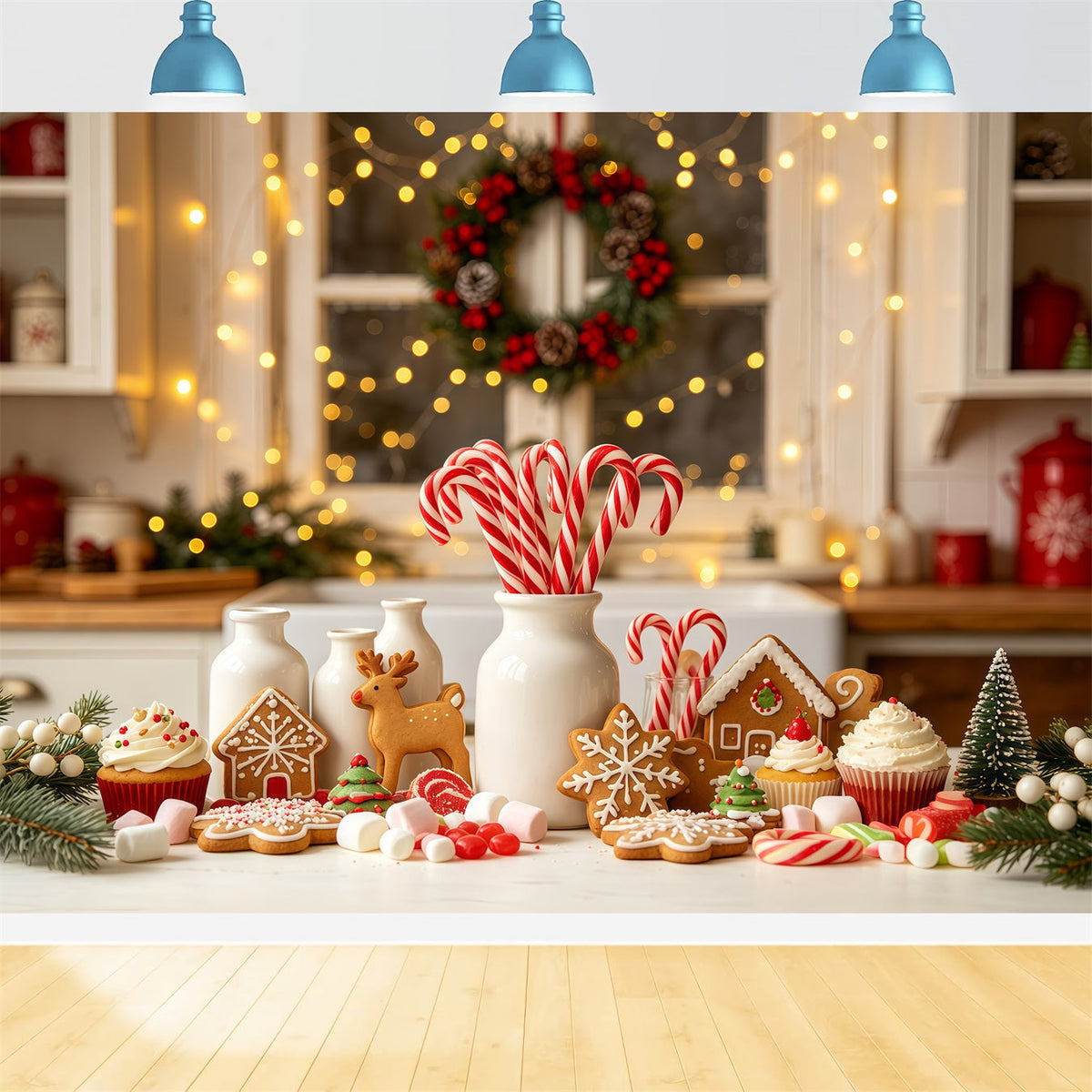 Christmas Kitchen Backdrop Candy Bakery Gingerbread Decor Photography Backdrops Christmas UK GQ68-56