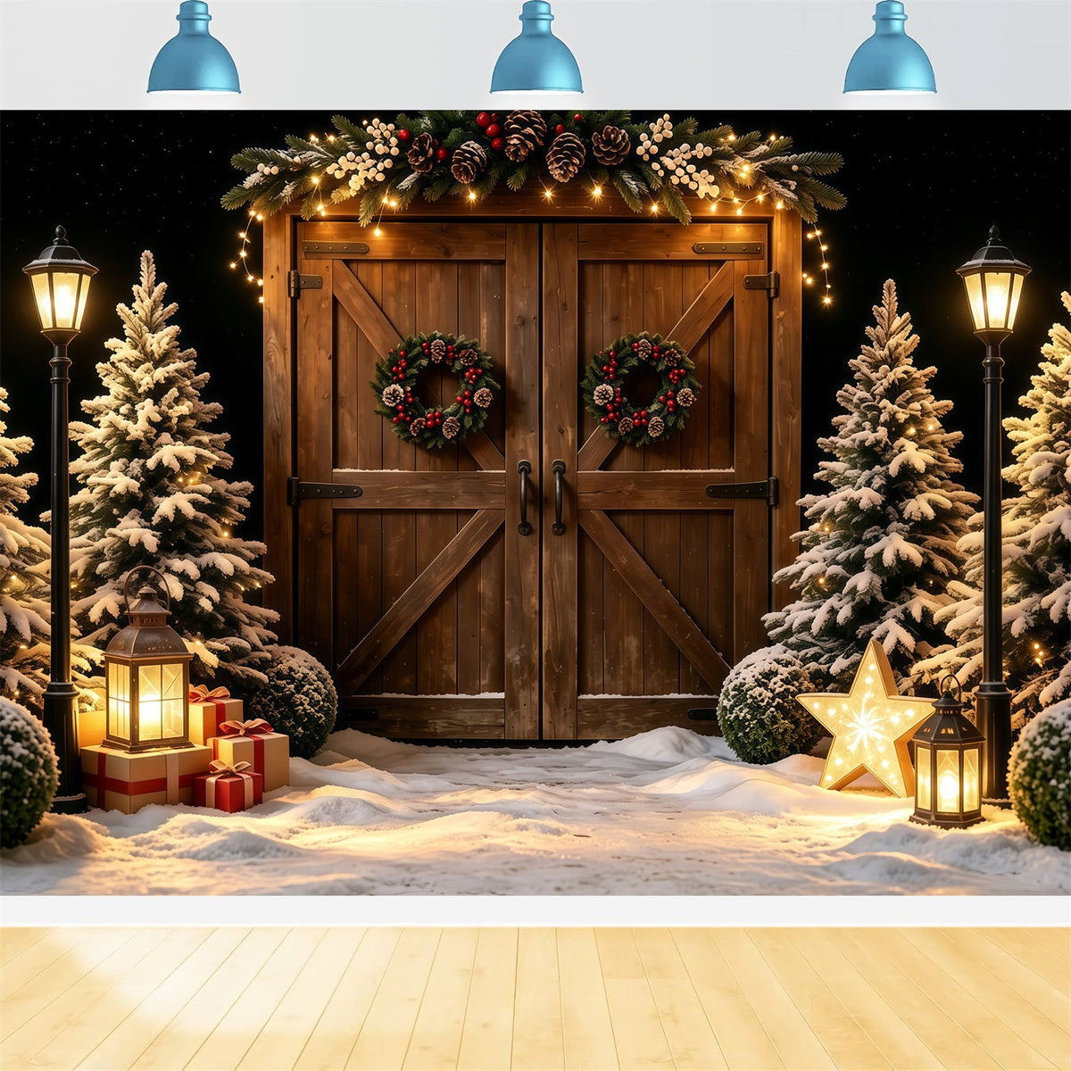 Christmas Barn Backdrop Snowy Wood Door Lantern Glow Photo Backdrops Christmas UK GQ68-57