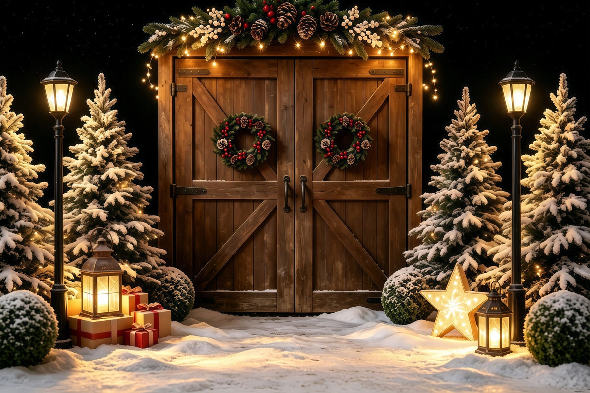 Christmas Barn Backdrop Snowy Wood Door Lantern Glow Photo Backdrops Christmas UK GQ68-57