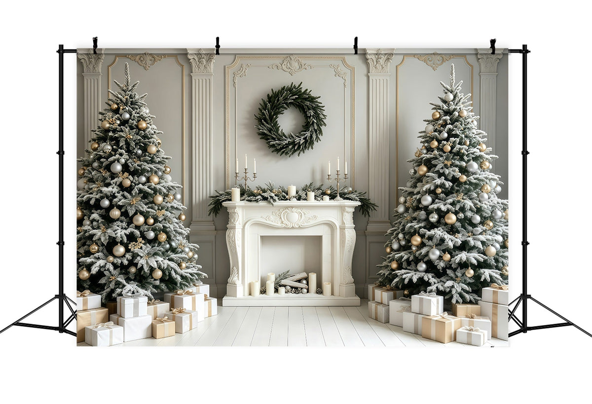 Christmas Fireplace Backdrop White Retro Wall Trees Christmas Studio Backdrop UK GQ68-59