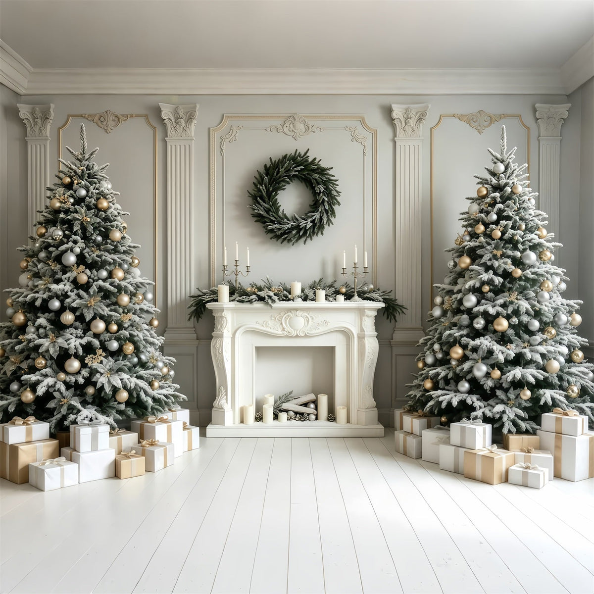 Christmas Fireplace Backdrop White Retro Wall Trees Christmas Studio Backdrop UK GQ68-59