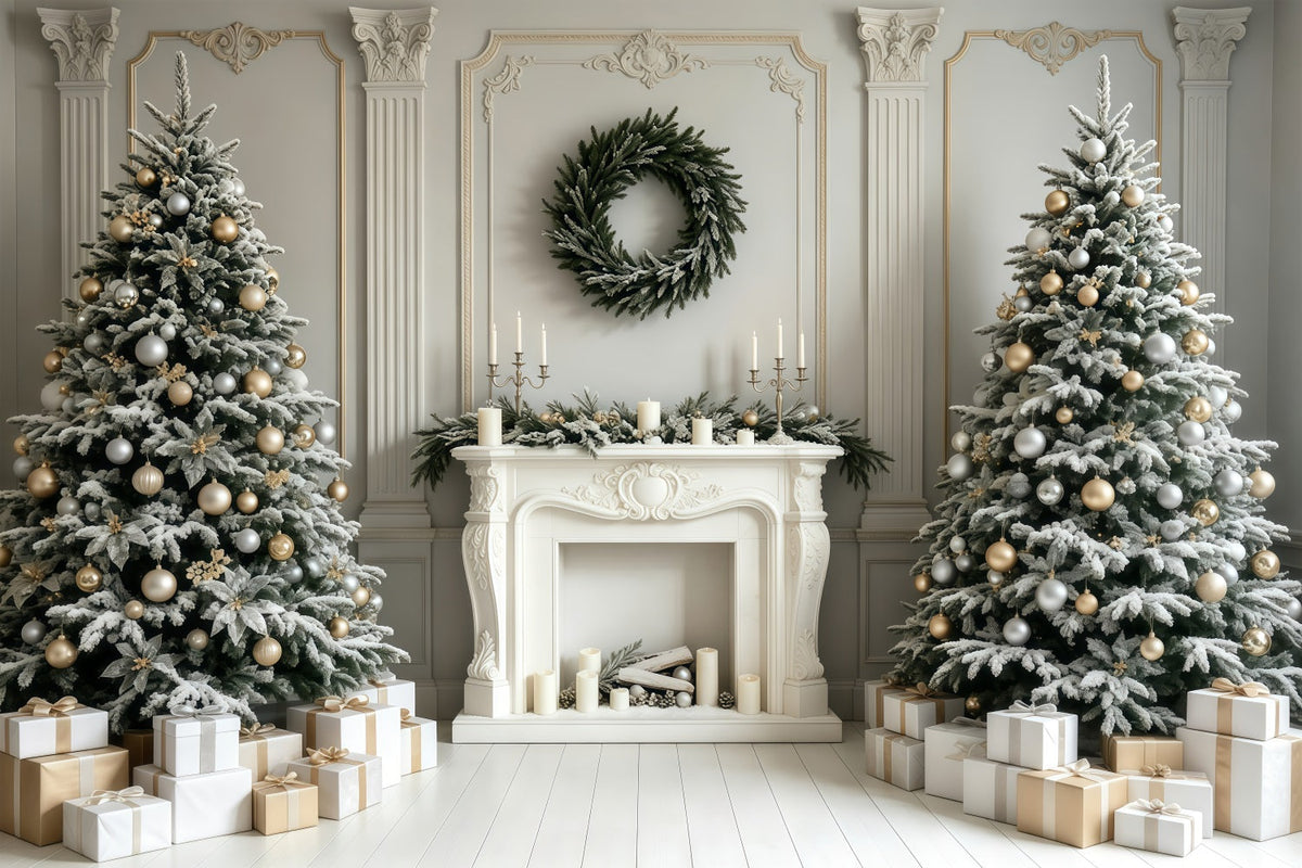 Christmas Fireplace Backdrop White Retro Wall Trees Christmas Studio Backdrop UK GQ68-59