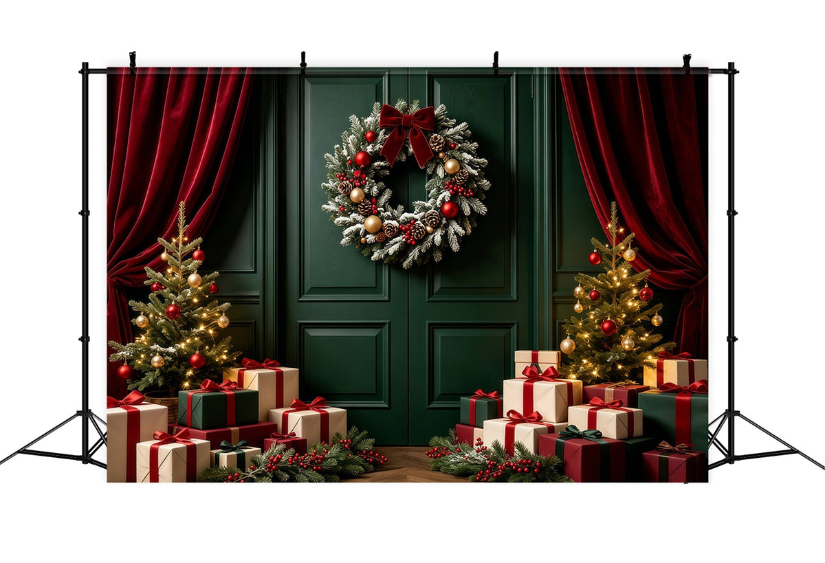 Green Christmas Backdrop Door Wreath Gift Display Photography Backdrop Christmas UK GQ68-60