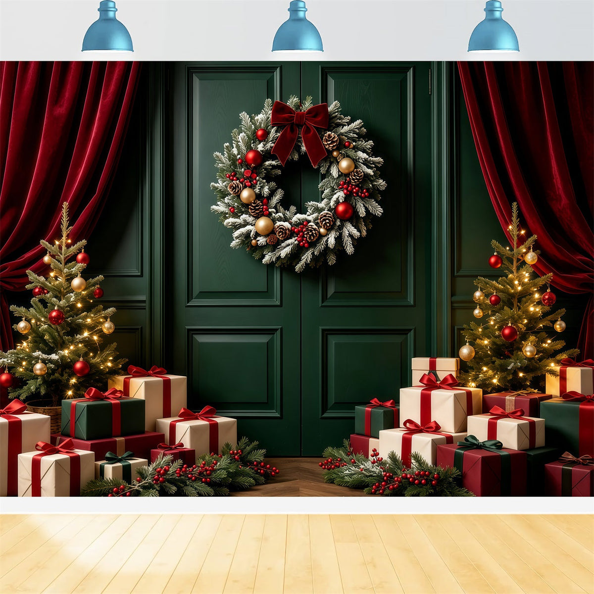 Green Christmas Backdrop Door Wreath Gift Display Photography Backdrop Christmas UK GQ68-60