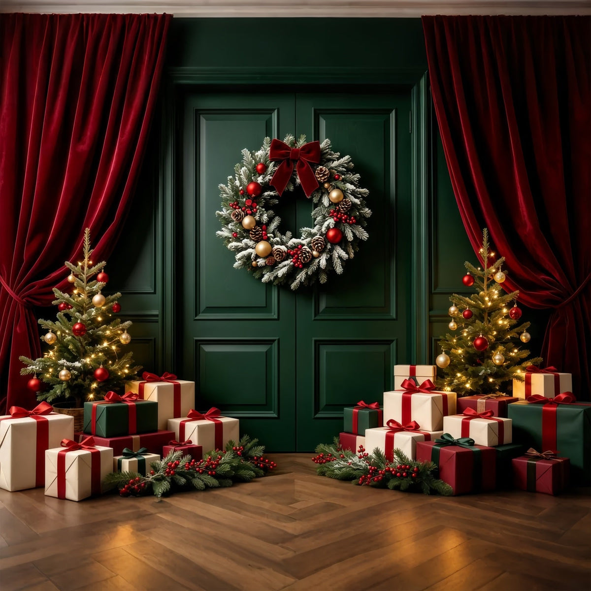 Green Christmas Backdrop Door Wreath Gift Display Photography Backdrop Christmas UK GQ68-60