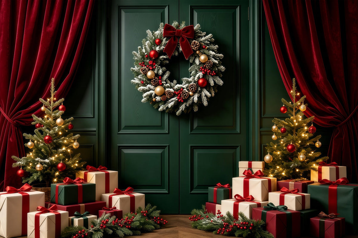 Green Christmas Backdrop Door Wreath Gift Display Photography Backdrop Christmas UK GQ68-60