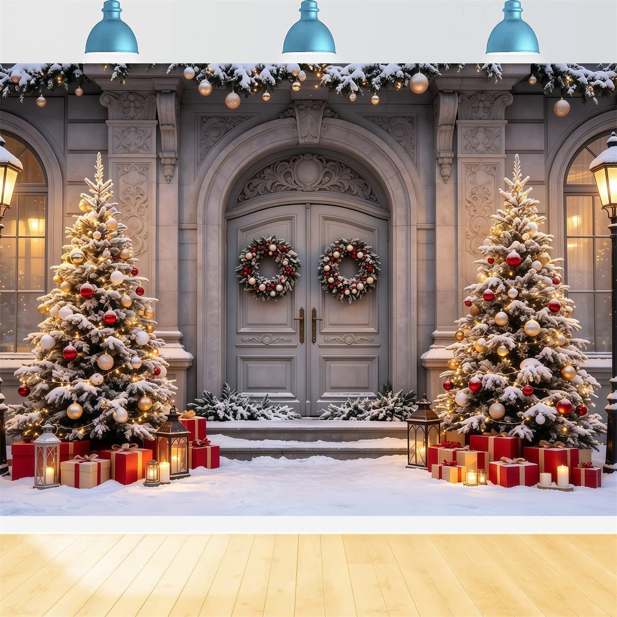 Christmas House Backdrop Snowy Mansion Doorway Trees Indoor Christmas Backdrop UK GQ68-61