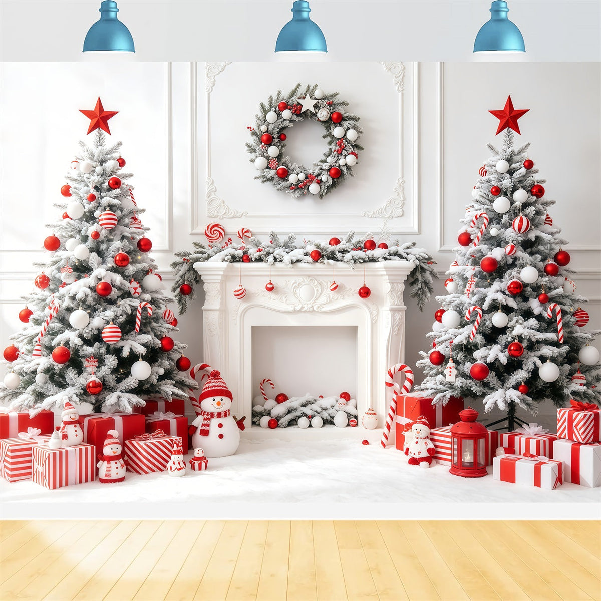 White Christmas Backdrop Candy Tree Fireplace Photo Christmas Backdrop UK GQ68-63