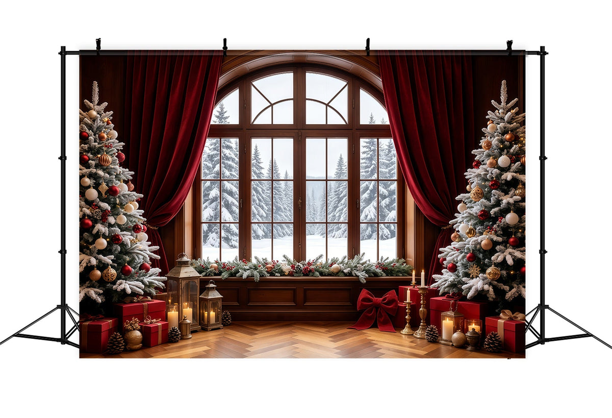 Christmas Window Backdrop Snowy View Curtain Trees Photo Christmas Backdrops UK GQ68-64