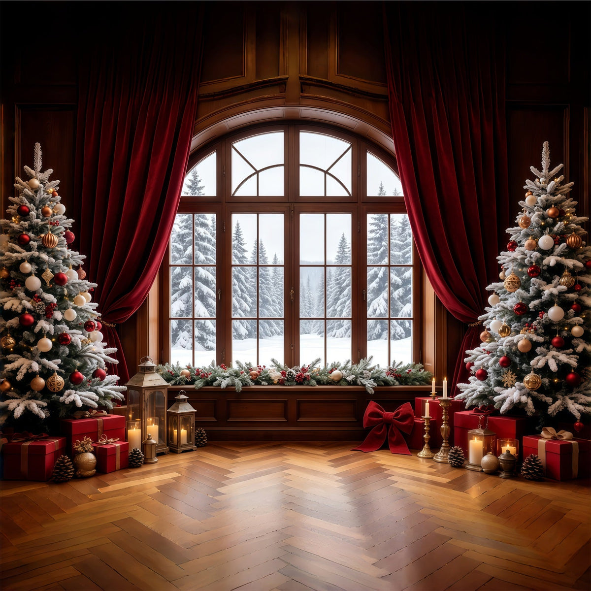 Christmas Window Backdrop Snowy View Curtain Trees Photo Christmas Backdrops UK GQ68-64