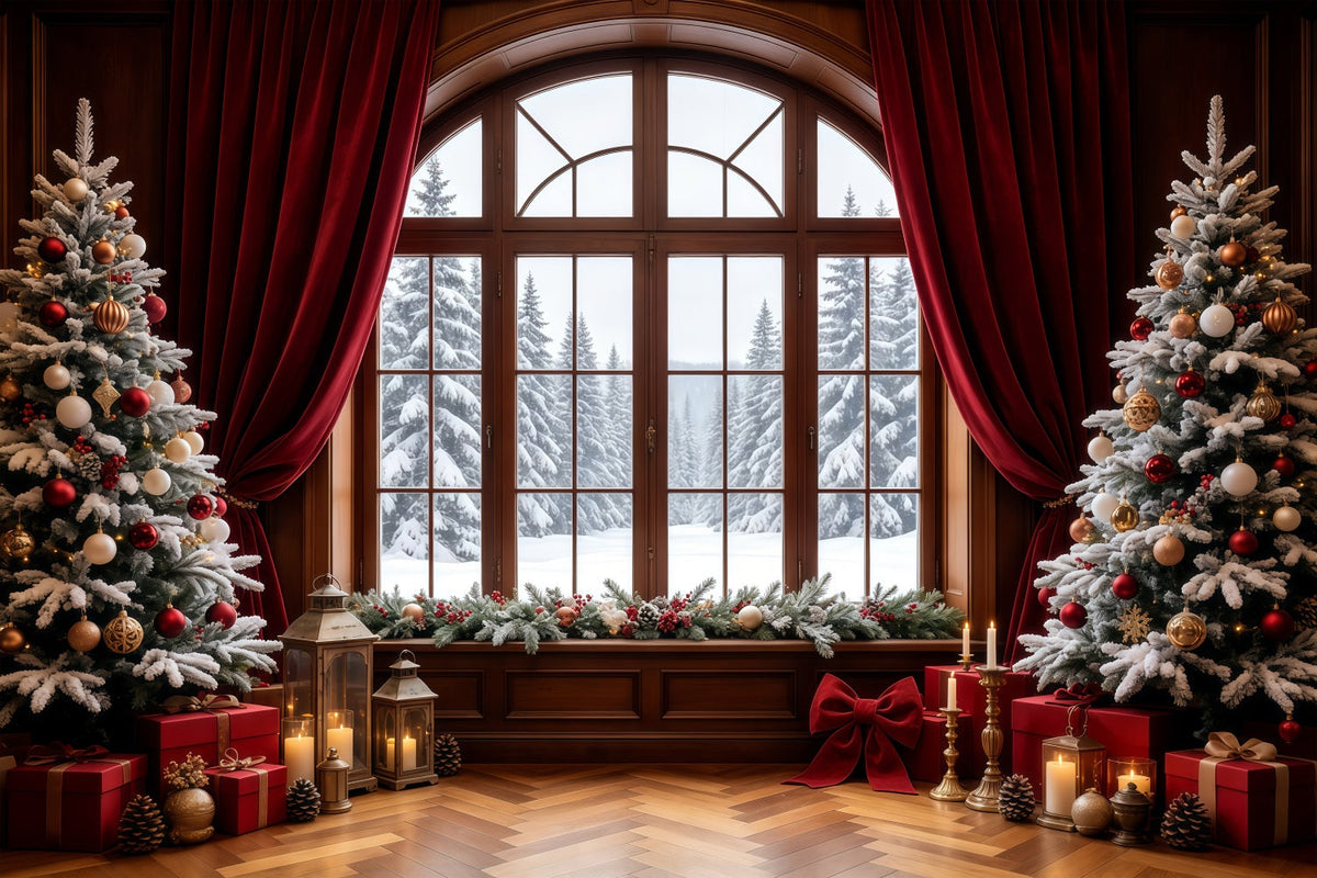 Christmas Window Backdrop Snowy View Curtain Trees Photo Christmas Backdrops UK GQ68-64