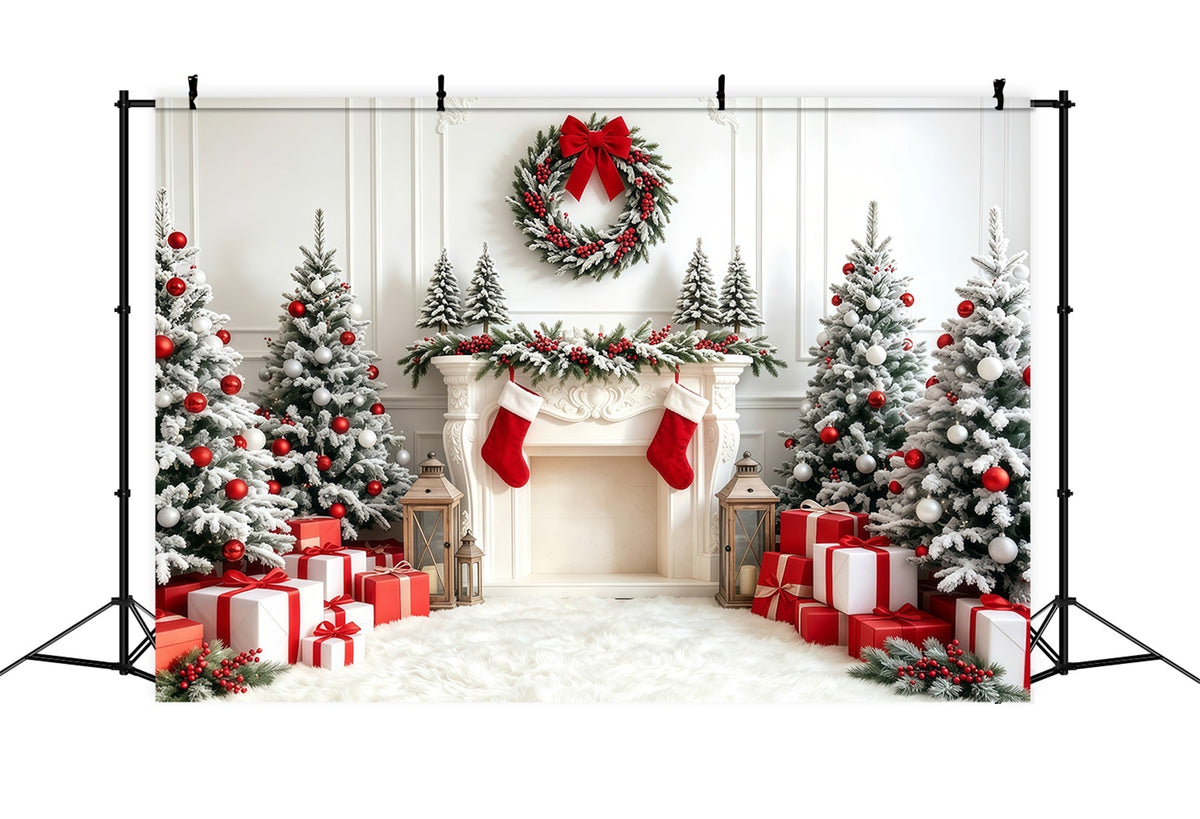 Christmas Tree Backdrop White Red Stocking Fireplace Studio Christmas Backdrops UK GQ68-67