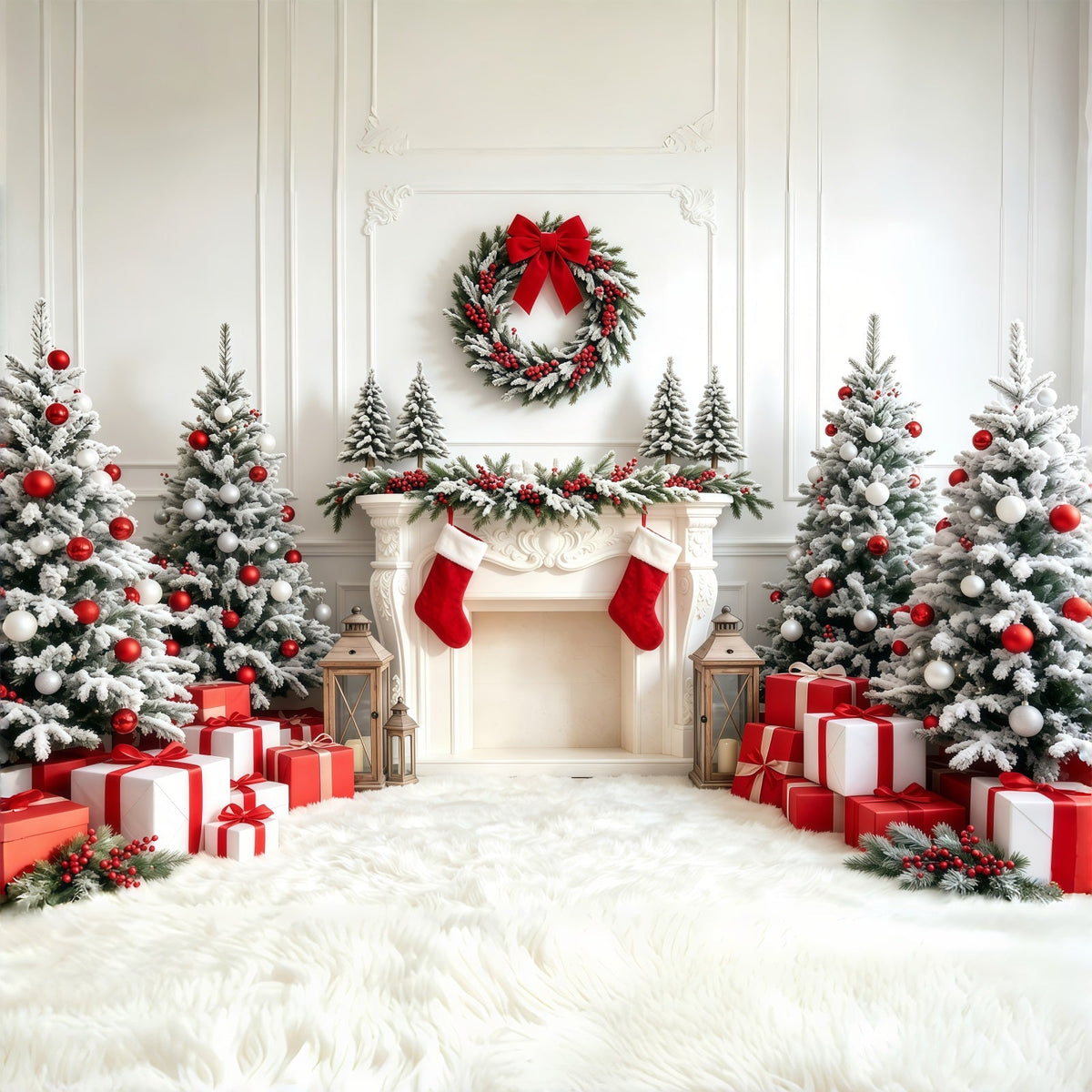 Christmas Tree Backdrop White Red Stocking Fireplace Studio Christmas Backdrops UK GQ68-67