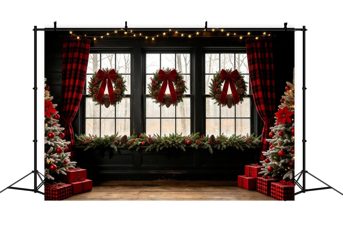 Christmas Window Backdrop Bow Wreath Rustic Curtain Wall Christmas Backdrop UK GQ68-68