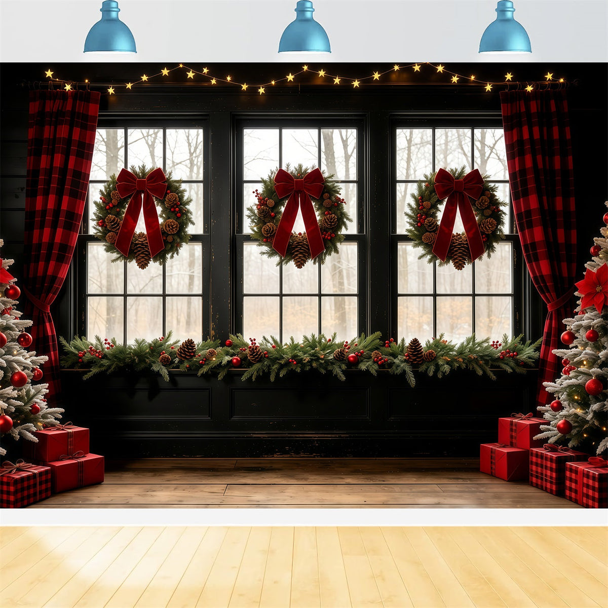 Christmas Window Backdrop Bow Wreath Rustic Curtain Wall Christmas Backdrop UK GQ68-68