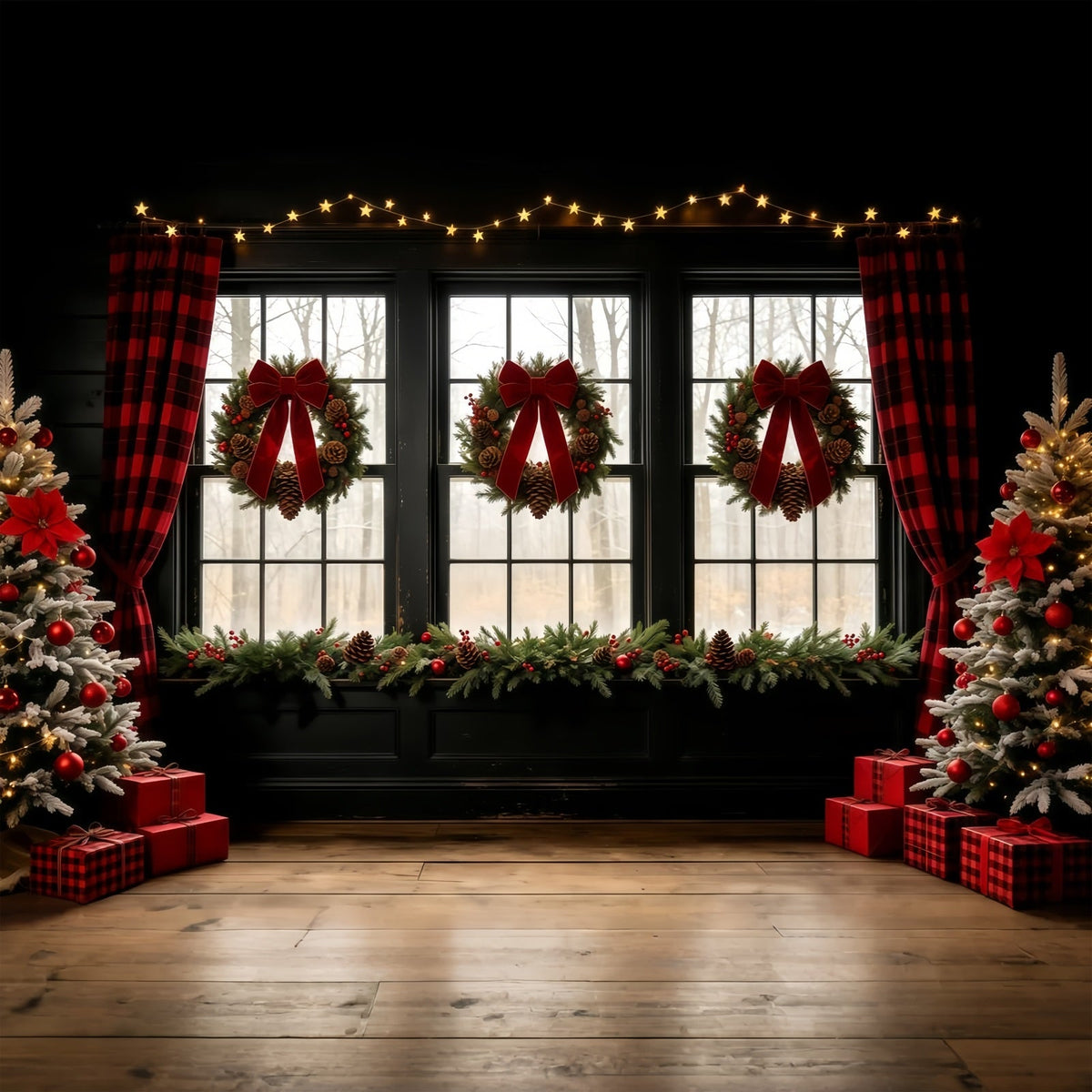Christmas Window Backdrop Bow Wreath Rustic Curtain Wall Christmas Backdrop UK GQ68-68
