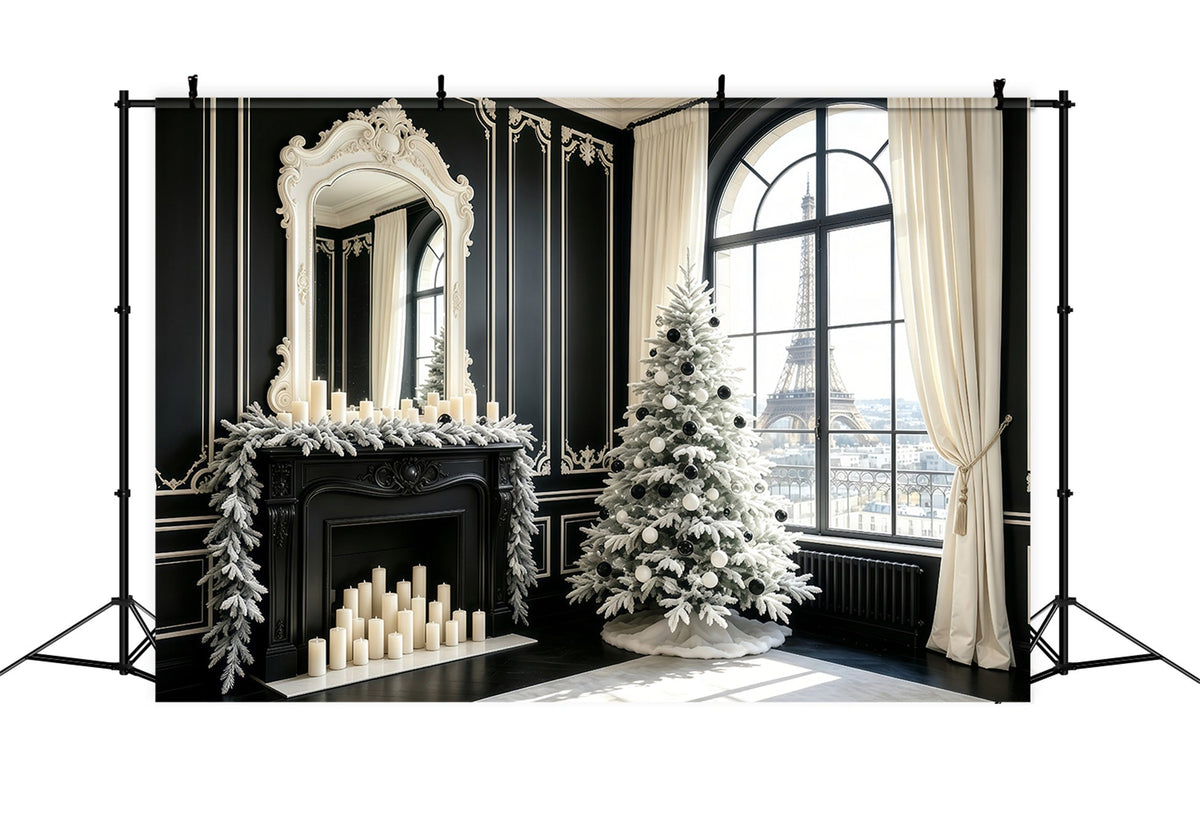 Black Christmas Backdrop Paris Window View Tree Christmas Indoor Backdrop UK GQ68-70