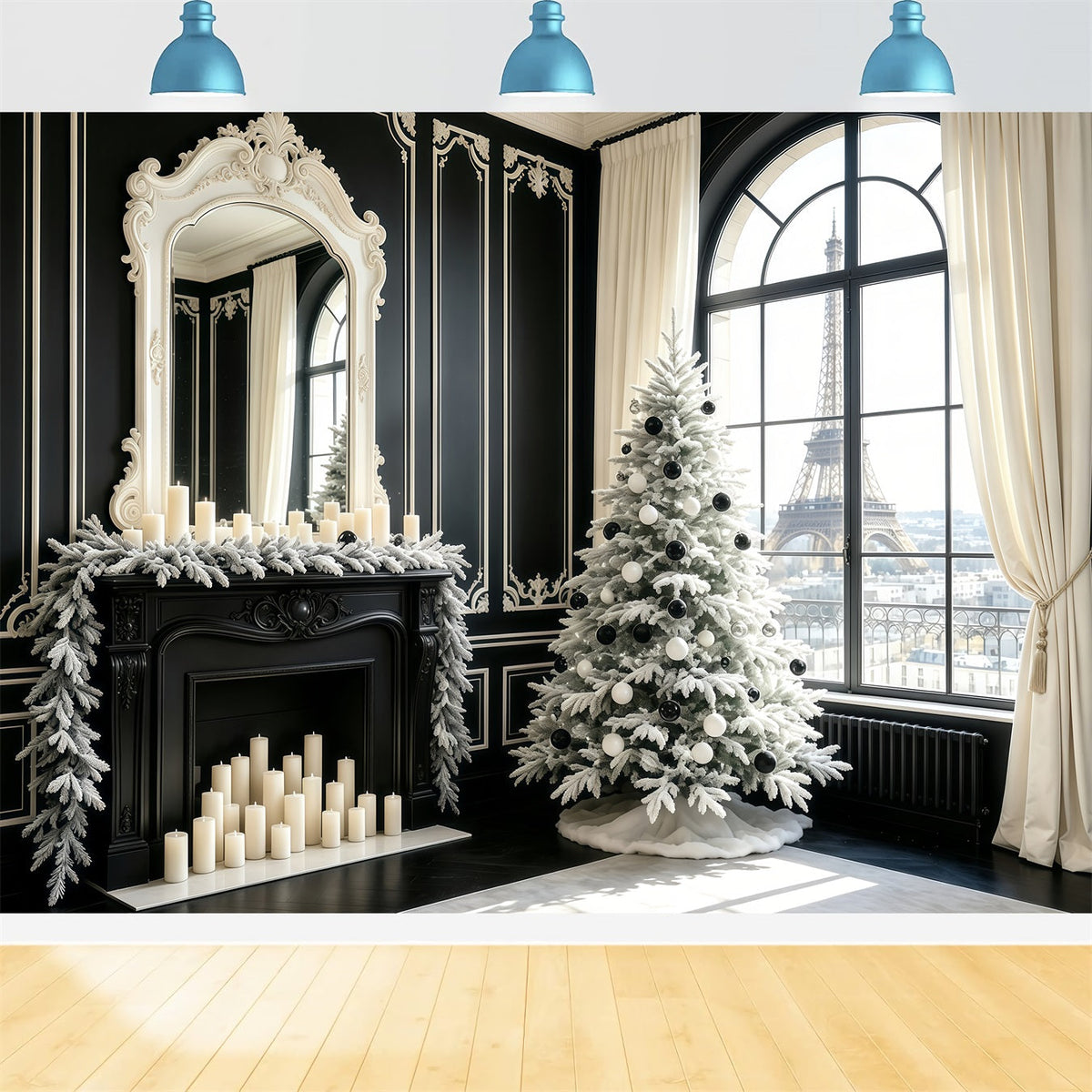 Black Christmas Backdrop Paris Window View Tree Christmas Indoor Backdrop UK GQ68-70