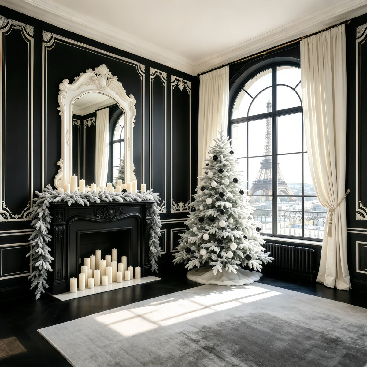 Black Christmas Backdrop Paris Window View Tree Christmas Indoor Backdrop UK GQ68-70