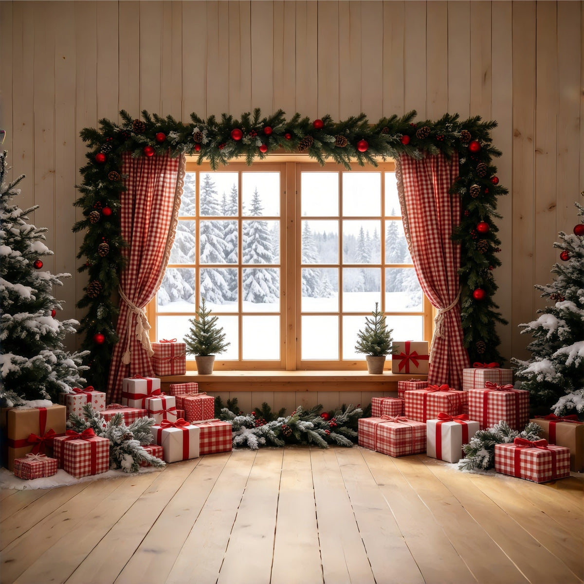 Rustic Christmas Backdrop Gingham Window Gift Display Indoor Christmas Backdrops UK GQ68-71
