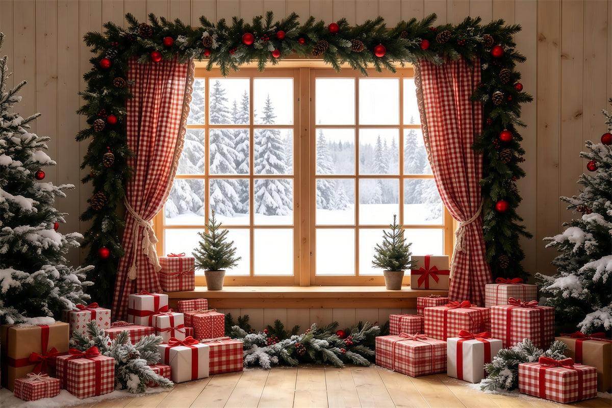 Rustic Christmas Backdrop Gingham Window Gift Display Indoor Christmas Backdrops UK GQ68-71