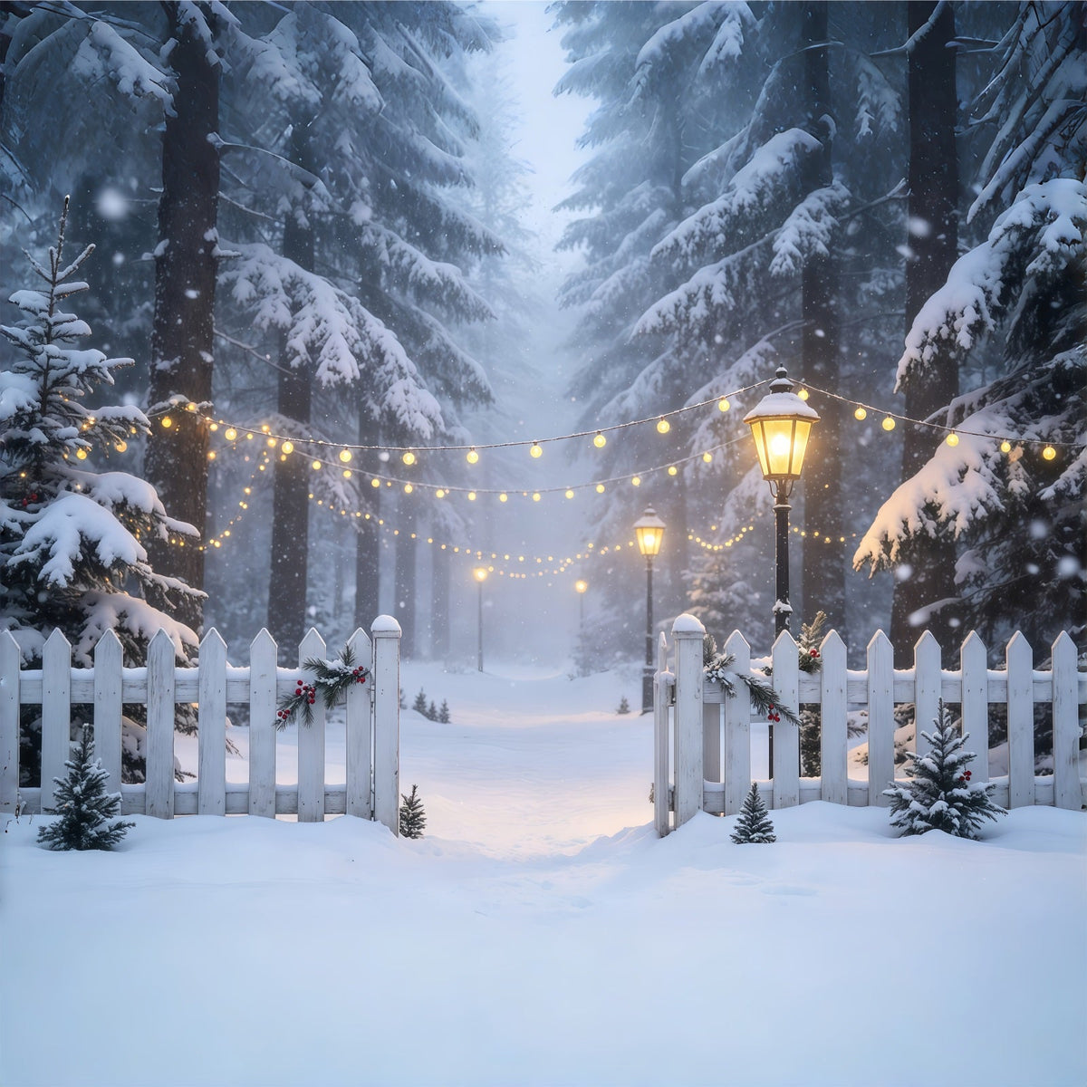 Winter Christmas Backdrop Snowy Forest Light Path Muslin Christmas Backdrop UK GQ68-74
