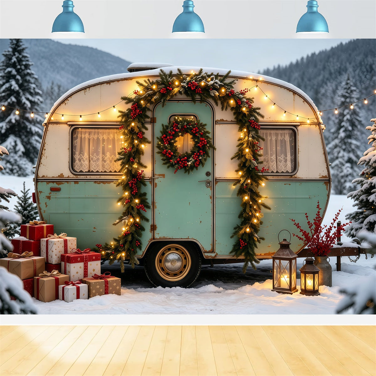Christmas Camper Backdrop Vintage Truck Forest Photographic Backdrops Christmas UK GQ68-76