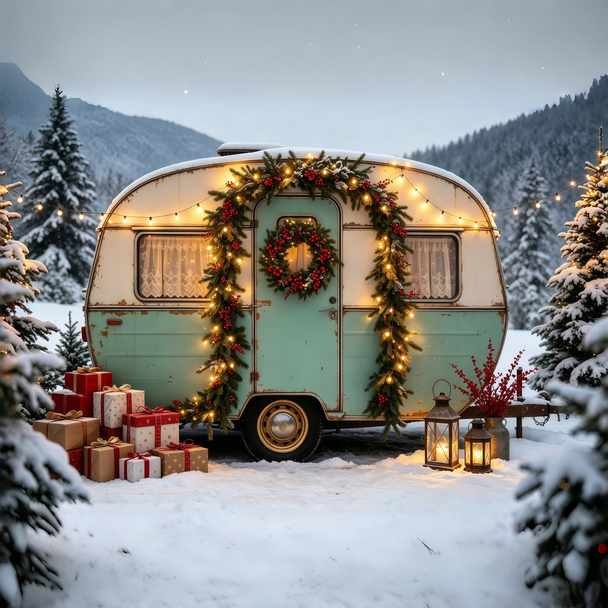 Christmas Camper Backdrop Vintage Truck Forest Photographic Backdrops Christmas UK GQ68-76