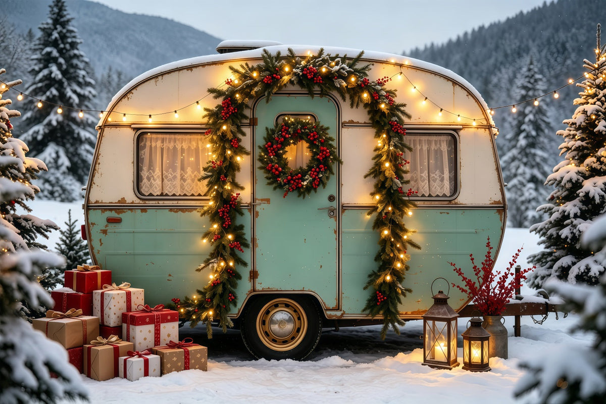 Christmas Camper Backdrop Vintage Truck Forest Photographic Backdrops Christmas UK GQ68-76