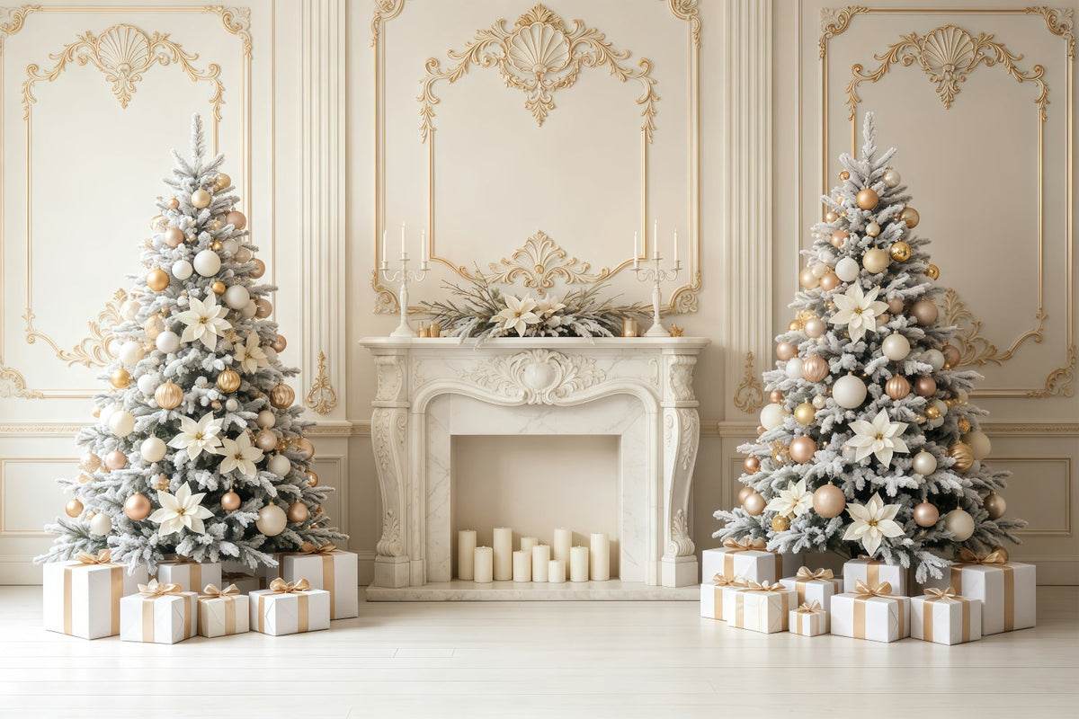 Christmas Wall Backdrop Ivory Gold Fireplace Elegance Christmas Backdrop UK GQ68-78