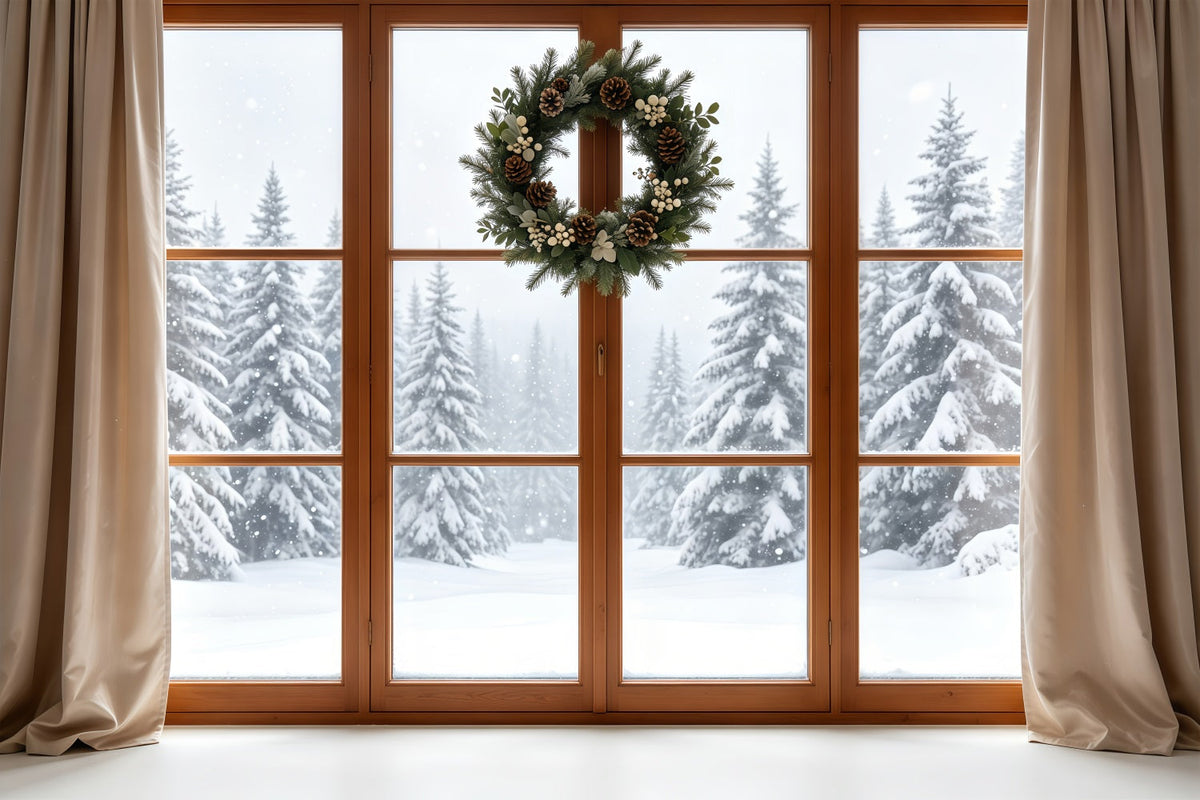 Christmas Window Backdrop Rustic Wreath Snowy Forest Christmas Photo Backdrop UK GQ68-80