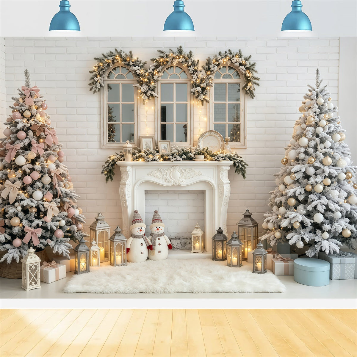 Christmas Scene Backdrop White Brick Fireplace Lanterns Christmas Photo Backdrops UK GQ68-81