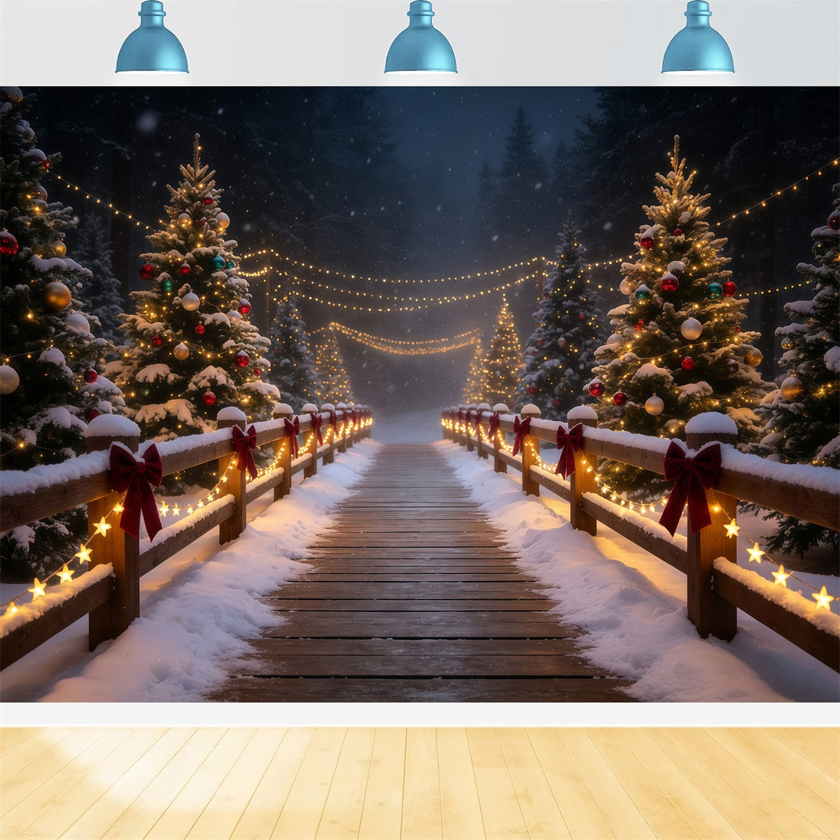 Snowy Christmas Backdrop Glowing Forest Bridge Path Christmas Photography Backdrop UK GQ68-83