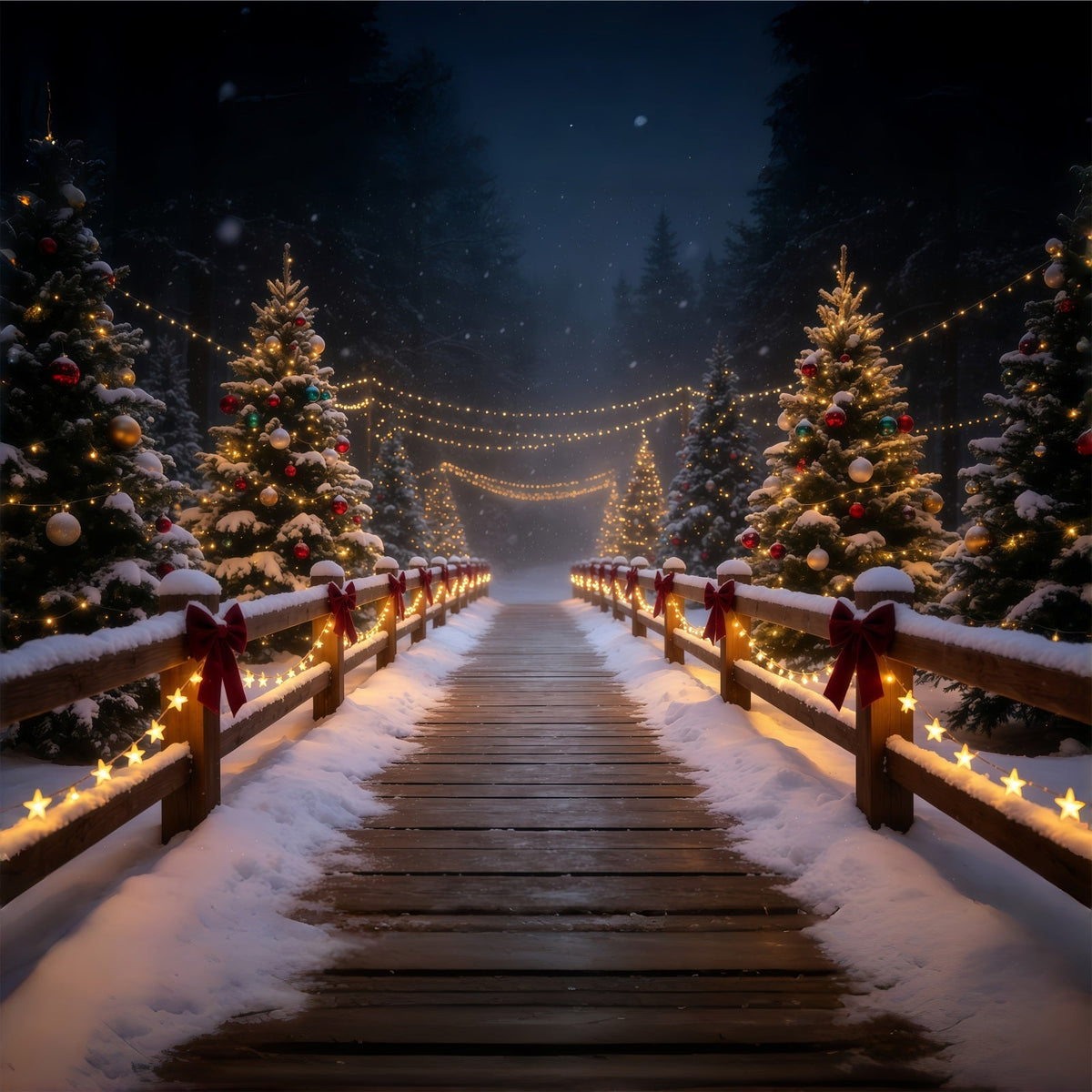 Snowy Christmas Backdrop Glowing Forest Bridge Path Christmas Photography Backdrop UK GQ68-83