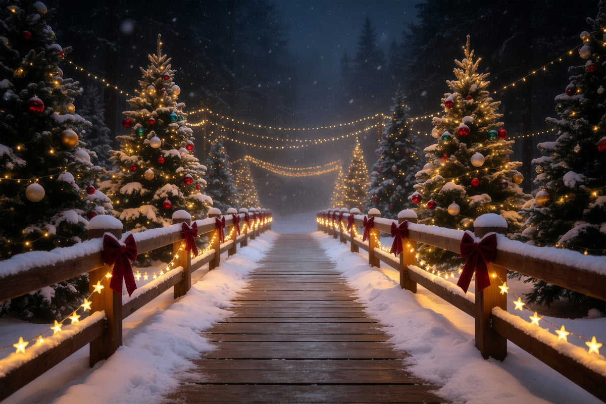 Snowy Christmas Backdrop Glowing Forest Bridge Path Christmas Photography Backdrop UK GQ68-83