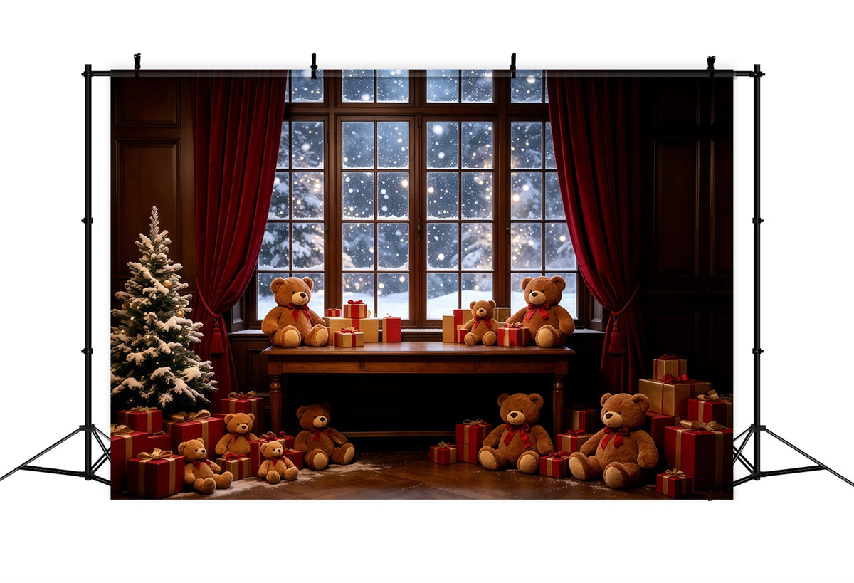 Cozy Christmas Backdrop Teddy Bear Window Display Christmas Photography Backdrops UK GQ68-85