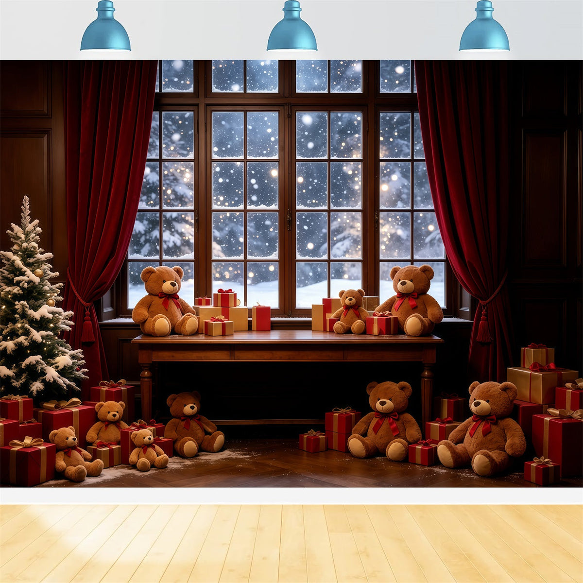 Cozy Christmas Backdrop Teddy Bear Window Display Christmas Photography Backdrops UK GQ68-85
