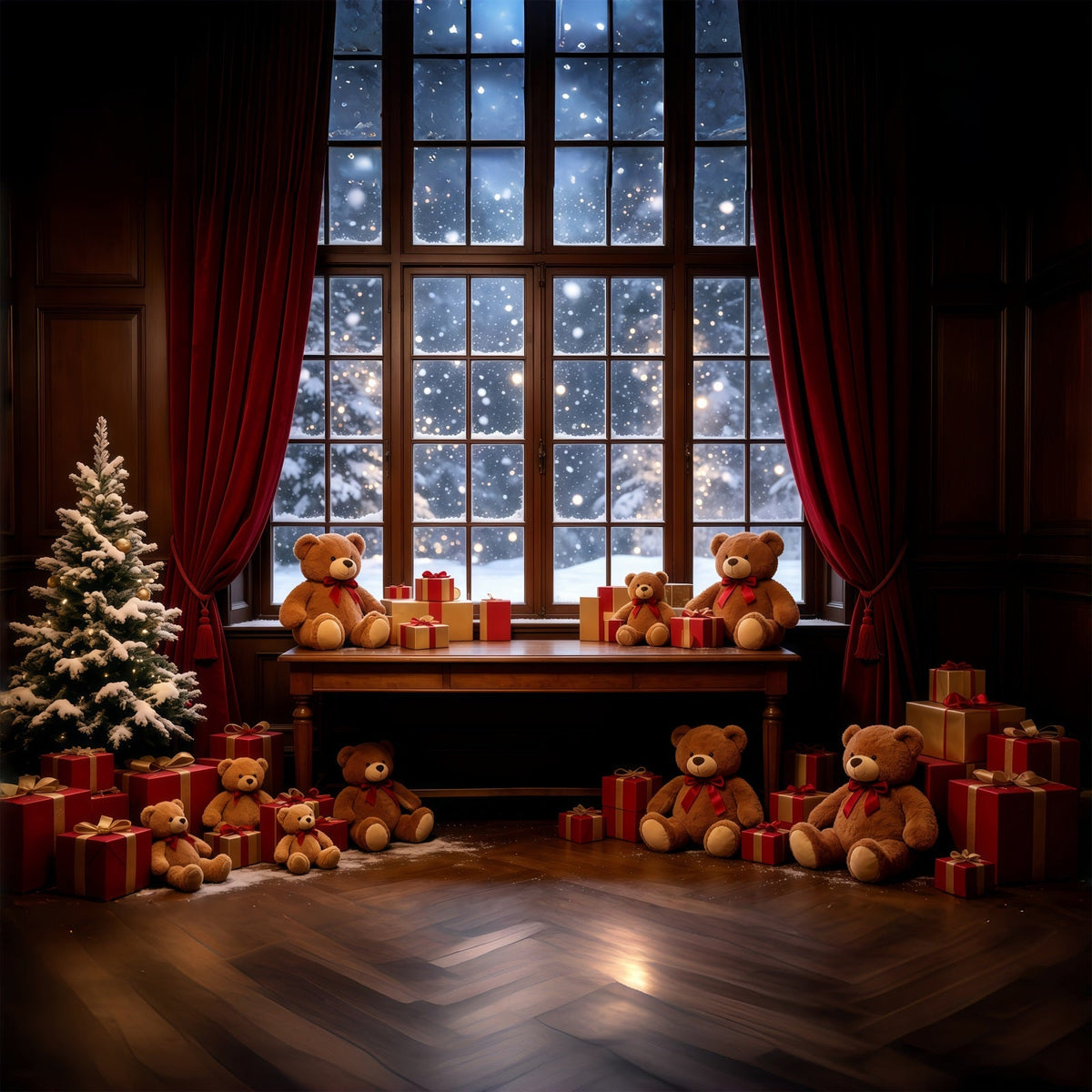 Cozy Christmas Backdrop Teddy Bear Window Display Christmas Photography Backdrops UK GQ68-85