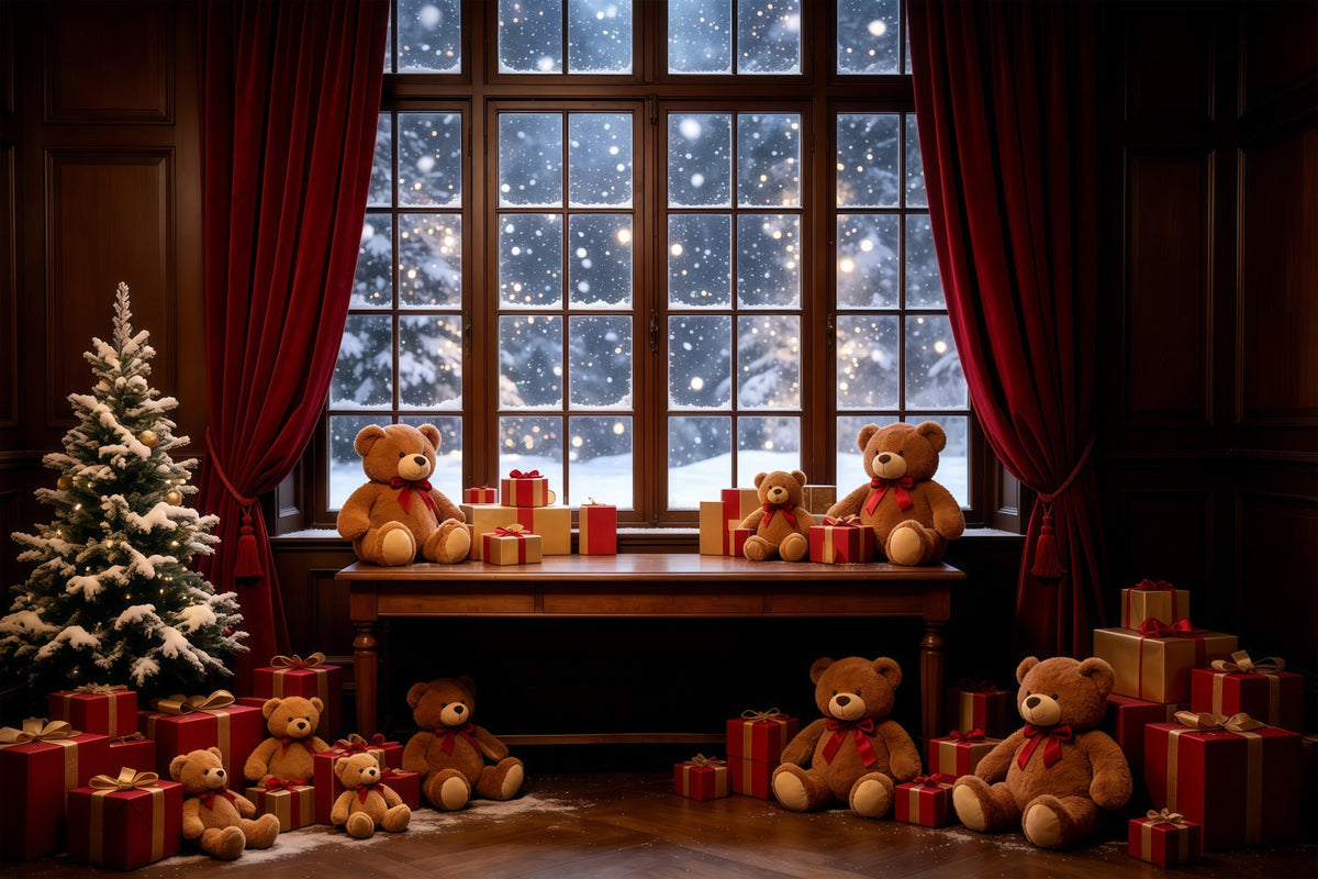 Cozy Christmas Backdrop Teddy Bear Window Display Christmas Photography Backdrops UK GQ68-85