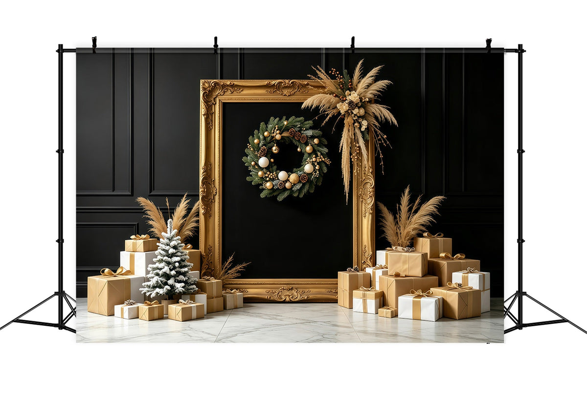 Black And Gold Christmas Backdrop Golden Frame Gift Display Large Christmas Backdrops UK GQ68-87